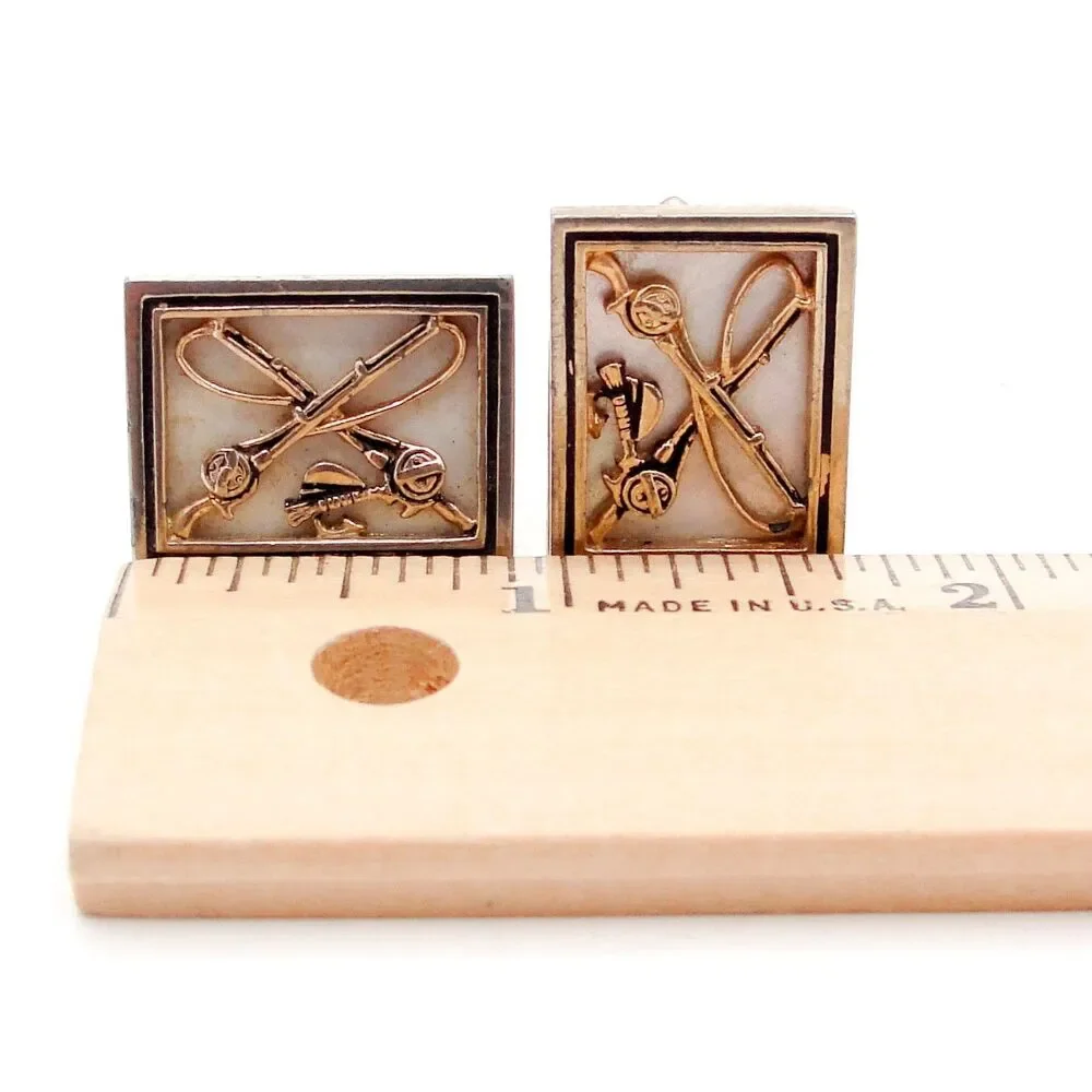 Vintage Swank Fly Fishing Cufflinks Gold Tone Mother of Pearl Rod Reel Sportsman